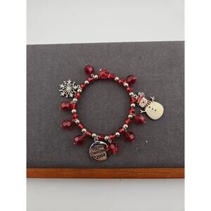 Christmas Charm Elastic Beaded Bracelet Silver Red Stretch Holiday Winter Party